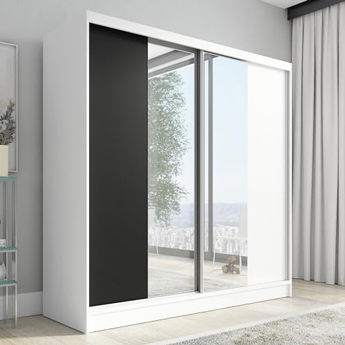 A&J MöbelLand Schwebetürenschrank Duo Kleiderschrank 2-türig mit 3 Schubladen und Spiegel, Garderobe 200 cm (Weiß)