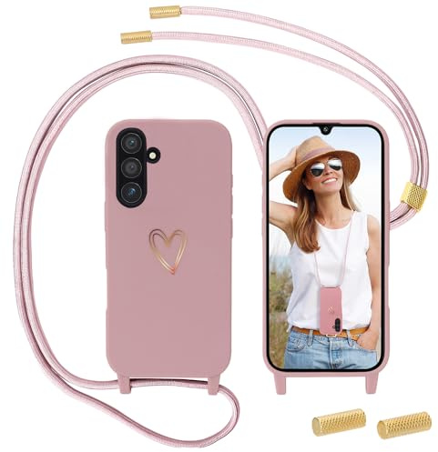 Handykette für Samsung Galaxy A17 5G Hülle mit Band, MoEvn Necklace Handyhülle mit Kordel für zum Umhängen Herz Muster Silikon Case Stoßfeste Schutzhülle mit Abnehmbar Kette für Samsung A17, Rosa