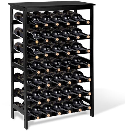 Bambition Bamboo Wine Rack Freestanding Floor, 7-Tier 42-Bottle Wine Storage Shelf with Table Top - Black