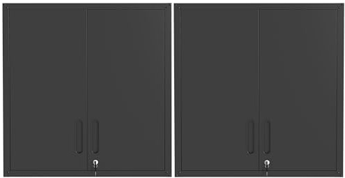 VIYET Metal Tool Cabinet,Garage Storage Cabinet System,Wall Cabinet & Locking Rolling Tool Cabinet with Doors and Adjustable Shelves,Steel Tool Cabinets for Home (2 Pcs-Wall-Style CC, Black)