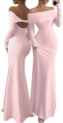 AOWVUTS Vestido Largo Mujer Maxi Vestidos con Hombro Descubierto sin Espalda Bodycon Vestidos Sexy Mangas Larga Ajustado Elegante Vestido de Fiesta para Cóctel Invitada Boda Noche Club Ceremonia