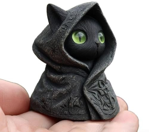 Halloween-Gothic-Katzen-Figur, schwarze Katze, 8 cm, handgefertigt, Kunstharz-Statue mit auffälligen Smaragdaugen, Ornament für Heimdekoration, Bücherregal, Meditationsraum oder saisonale