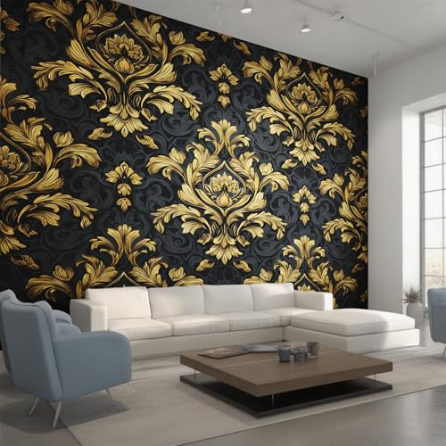 Générique Papier Peint Baroque Noir Or, Motif Papier Peint Intissé Panoramique Damas Damassé 150x105 Wallpaper Pour Salon Chambre Deco Murale W17