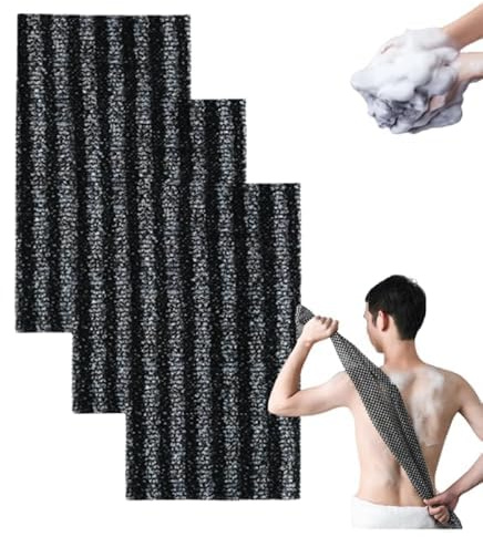 Serviette De Douche Exfoliante Ecovia™Gant de Gommage en Fibre de Bambou et Charbon Ecovia - Serviette de Douche Exfoliante Naturelle pour Exfoliation Douce du Corps (3 Pcs,Rayure noire)