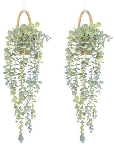 HOFMEFY Fake Hanging Plant Decor Indoor, 2PCS Eucalyptus Artificial Faux Plants in Wall Woven Jute Planters with Black Pot, Soft Green, 23 Inch Long