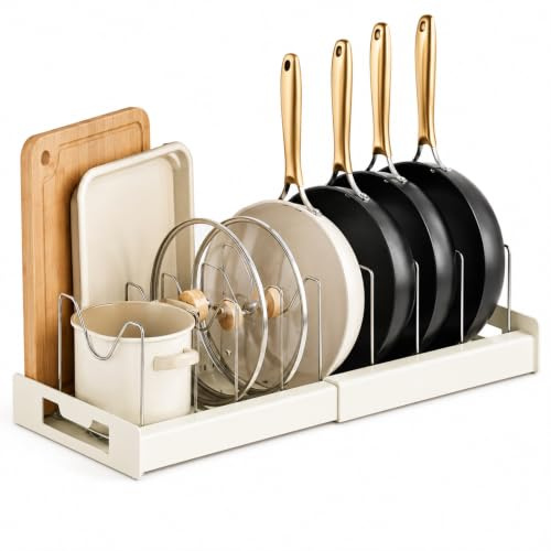 Pots and Pans Organiser , Pan Lid Storage with 7 Adjustable Dividers | Pan Organiser Rack for Cupboard, Pots, Pans, Chopping Board, Baking Trays (White)