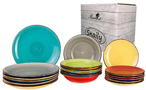 MamboCat Tellerset Malaga Snaily 18-TLG. für 6 Personen | Buntes handbemaltes Dinner-Set | Steingut Tafelservice mit 6X Dessertteller + 6X Speiseteller + 6X Suppenteller