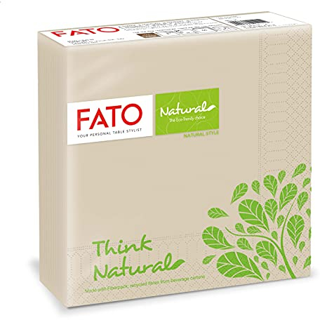 Fato - Servilletas de Papel Desechables Plegadas en 4, Ecológicas, Paquete de 50 Servilletas, Tamaño 33x33, 2 capas, Decoración Estilo Natural, Papel 100% Fibra Reciclada