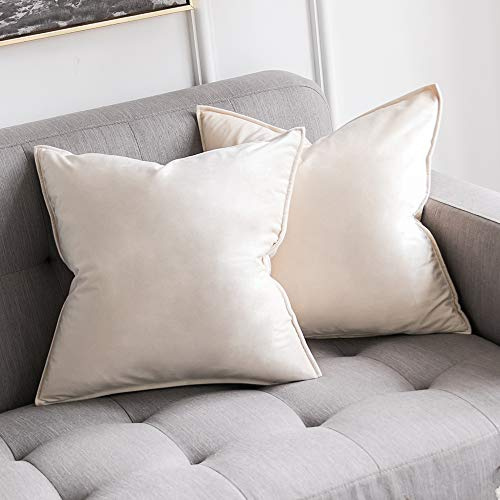 MIULEE Samt Kissenbezug 50x50 Kissen Creme weiß Kissenhülle Sofakissen Dekokissen Dekorative Satin Umwickelte Kante Kissenbezüge Zierkissenbezug für Sofa Wohnzimmer Schlafzimmer 2er Set