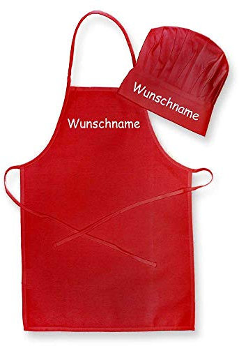 Kinder Kochset Schürze Kochmütze bestickt mit Namen Kinderschürze Kochschürze Basteln Kochen Mütze Schule Garten Malschürze rot grün schwarz weiß, Farbe:rot
