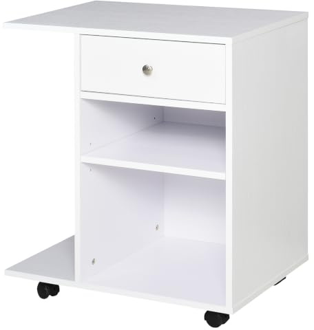 Vinsetto Druckertisch, Druckerständer, Bürowagen, Rollwagen mit Schublade+2 Ablagen+CPU-Ständer, Spanlatte, Weiß, 60 x 40 x 68,5 cm