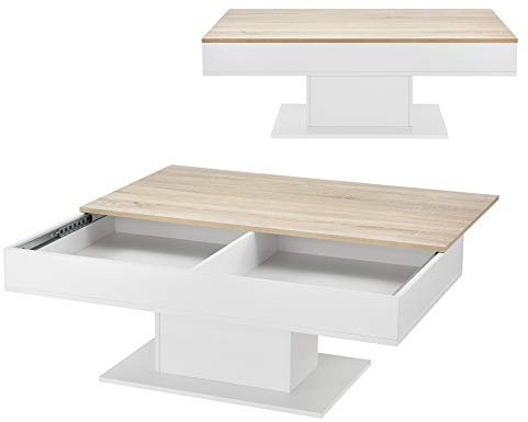 [en.casa] Mesa de Centro Lünen Mesa Baja Rectangular con Tablero Deslizante Diseño Atractivo para Salón Despacho Mueble Auxiliar 40 x 110 x 60 cm - Blanco y Efecto Roble