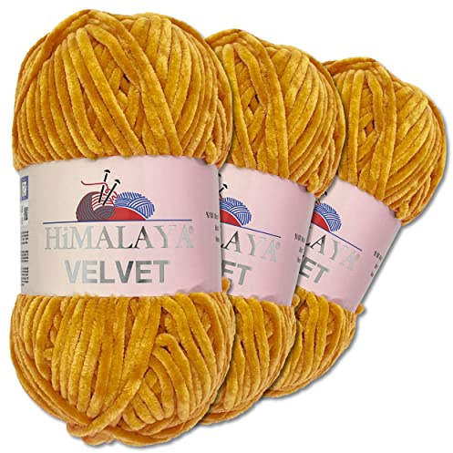Wohnkult Himalaya 3 x 100 g Velvet Dolphin Wolle 40 Farben zur Auswahl Chenille Strickgarn Flauschwolle Glanz Accessoire Kleidung Decken (90030 | Senf)