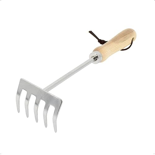Rekord Kleinrechen (Edelstahl) mit Holzgriff und Aufhängeband Arbeitsbreite: 8 cm, Harke, Laubrechen, Gartenrechen, Blumenrechen, Rake, Rasenrechen, Handrechen