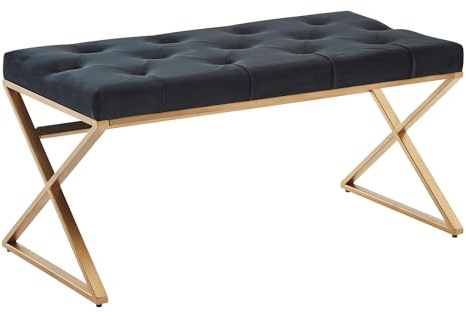Wohnling Sitzbank Samt Schwarz 90x46x44 cm Flur Polsterbank mit Metallgestell, Bettbank Schlafzimmer Chesterfield Design, Flurbank Garderobenbank Modern