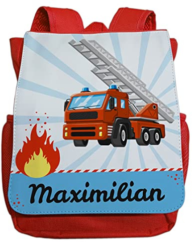 minimutz Kindergartenrucksack Jungen personalisiert mit Namen | Kinder-Rucksack Feuerwehr Auto und Flamme für Kinder | Kleiner Freizeitrucksack Kinderrucksack Kita Kindergarten 2-5 Jahre