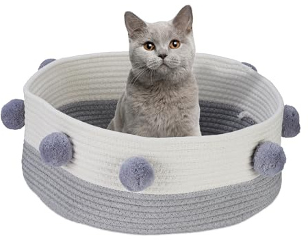 Relaxdays Katzenbett, Katzen & kleine Hunde, HxD: 16,5 x 41 cm, Bommeln, Baumwolle, geflochtener Katzenkorb, grau/weiß | Bommeln, Baumwolle, geflochtener Katzenkorb