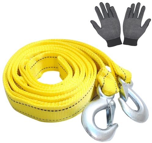 SPORWAY Corda di traino per auto: imbracature rotonde, 4 m, 5 toni, corda di traino per auto con strisce riflettenti, cinghia di traino di emergenza con 2 ganci di sicurezza e 1 paio di guanti