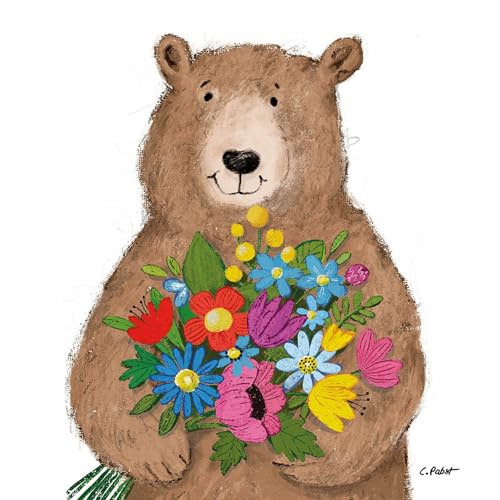 20 Servietten Tiermotive Bär mit Blumenstrauß als Tischdeko. Papierservietten mit Motiv. Auch für Decoupage und Serviettentechnik 33x33cm