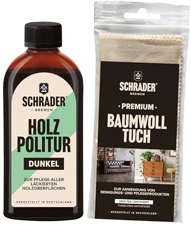 SCHRADER Holz Politur dunkel - Möbelpolitur - frischt lackierte Holzmöbel auf - 1x 250ml - Mit Poliertuch - Made in Germany