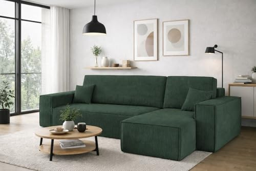 Kaiser Möbel, Ecksofa mit schlaffunktion, mit Bettkasten, Schlafsofa Best, Designer Sofa, Modern Design Couch, Polsterecke, Freistehend, Dicker Cord, Grün Rechts
