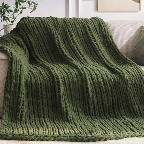Negwoo Tjock stickad filt, 102 cm x 127 cm stickade överkastfiltar för sängsoffa, handgjord tjock grön virkad filt mysig stor thich filt, maskintvättbar söt bekväm filt för heminredning