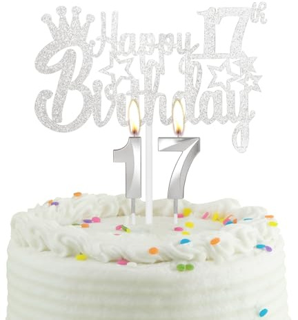 17-jähriges Silber Geburtstag Kuchen Kerze, Partykerze mit Tortenaufsatz, Silber Party Kerze Cake Topper für Jungen Mädchen Männer Frauen, 17 Geburtstag Dekoration, Hochzeitstag