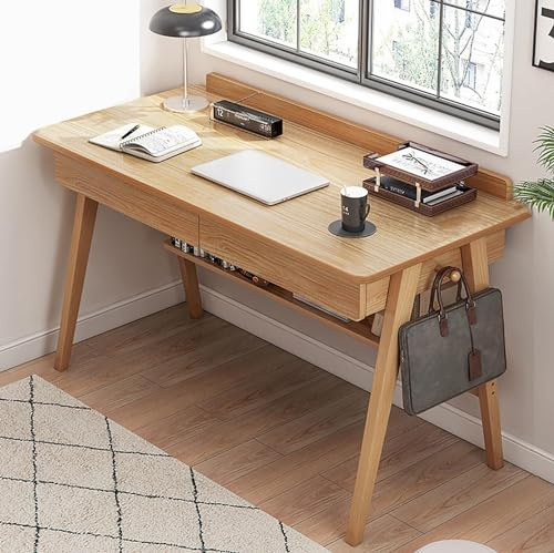 Massivholz-Schreibtisch mit Schubladen, Ablagen und Haken, Heimbüro-Schreibtisch für kleine Räume und Arbeitszimmer, PC-Tisch, Arbeitsplatz-Möbel (A,120 cm)