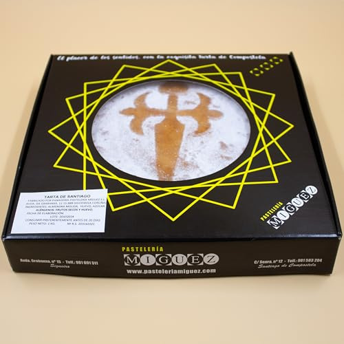 Tarta de Almendra de Santiago 1kg - Dulce gallego - Sin Gluten y Sin Lactosa - Regalo gourmet - 100% Artesanal - Almendra Marcona - Sin Aditivos - Postre para celebraciones - Ingredientes naturales