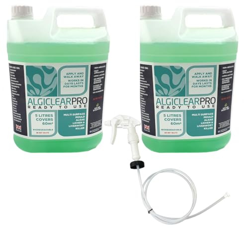 Algiclear Pro Ready To Use Algae Remover Patio Cleaner Fluid For Decking Cleaner Driveways Roof Cleaner Mould Remover Liverwort Lichen 10 Litres (2 x 5L) With Trigger Spray