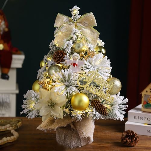 Mini LE-D Weihnachtsbaum Deko -1.5ft Künstlich Klein Weihnachtsbaum Desktop Weihnachtsbaum klein Weihnachts Baum mit, Tannenbaum für Tisch Miniatur Christbaum Dekoration (Gold, 45cm)