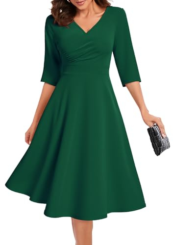 Bbonlinedress Cocktailklänning för kvinnor, bröllopsklänning, formell klänning, V-ringning, 3/4-ärmar, vintage, midiklänning, festklänning, Mörkgrön, S