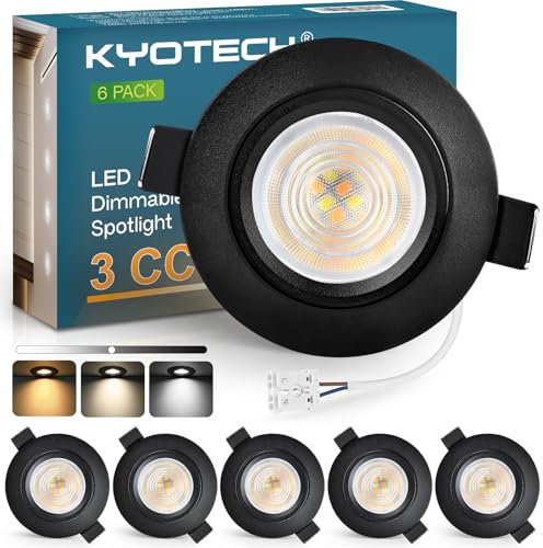 KYOTECH Lot de 6 spots LED encastrables - 230 V - Intensité variable - 60-70 mm - 5 W - Ultra plat - 550 lm - 3000 K/4000 K/6500 K - IP44 - Pour salle de bain et salon - Noir - Non rotatifs
