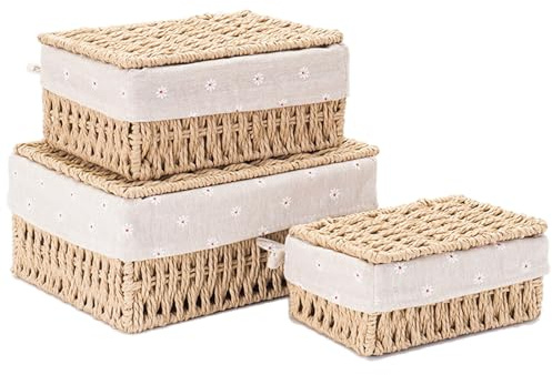Kongming Panier Rangement Tressé 3 pièces Panier Osier avec Couvercle et Doublure Empilables Boite Rangement Rectangulaire pour Étagères Chambre, Salle de Bain
