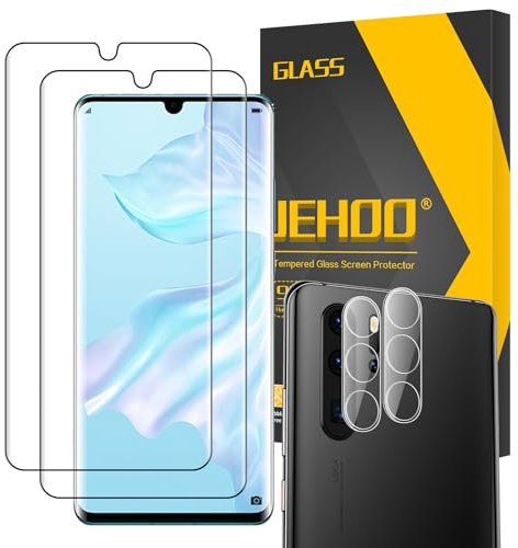 JEHOO für Panzerglas Schutzfolie für Huawei P30 Pro, 2 Stück Gehärtetes Glas Displayschutz und 2 Stück Kameraschutz, Blasenfreie HD Vollständige Abdeckung