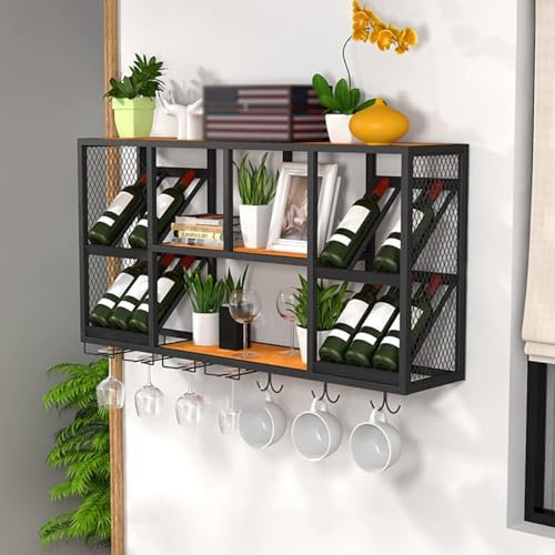 Étagère à vin murale et support de verre en fer avec support de rangement pour verres à pied, étagères de bar pour cuisine, cave à vin, salon, étagère élégante