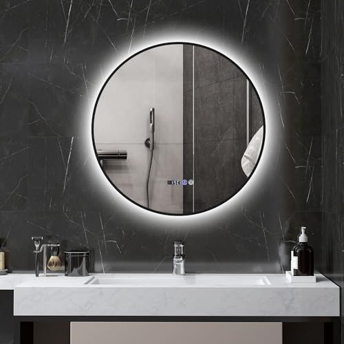 HOMCOM Miroir Salle de Bain avec éclairage Ø 70 cm, Miroir Rond LED Mural rétro-éclairé, intensité Variable, Fonction Anti-buée, Interrupteur Tactile, Affichage de l'heure et de la température, Noir