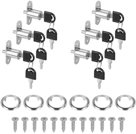 sourcing map Push Plunger Lock with Keys & Screws & Locking Ring 3/4 Cylinder Diameter, Keyed Alike 7/8 Cylinder Length for Window Barn Drawer Cabinet Cabinet (Pack of 6, Silver)