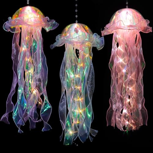 Dremisland 3 Stück Schwebende Quallen Lampe Hängend Laterne Leuchtend | Blau Lila Rosa Tragbare Quallen Lampe Jellyfish Lamp Aufladbar Stimmungslicht für Geburtstags Geschenk Mädchen Party