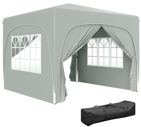 Outsunny Pavillon 3x3m, wasserabweisend Stabil Winterfest Pop-up Faltpavillon, UV Schutz 50+, Faltbar Partyzelt Gartenzelt mit 4 Seitenteilen Tasche Gartenpavillon für Camping Garten, Hellgrau