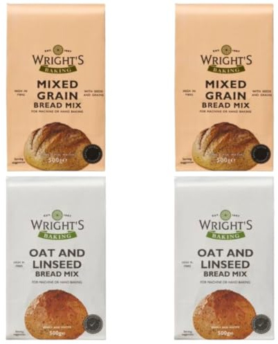 Wright's Baking Bread Mix Selection Pack 4X500g – 02 Mixed Grain, 02 Oat Linseed – High Fibre Yeasted Bread Mix – Bread Machine & Hand Baking – Vegetarian Friendly (NP)