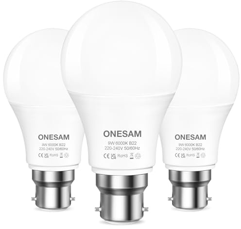 ONESAM Bayonet Light Bulb,60w Equivalent,Cool White 6000K,9W Light Bulb,830LM B22 LED Bulb,A60 GLS Energy Saving Lightbulbs Bayonet,220-240V,Non-dimmable,3-Pack