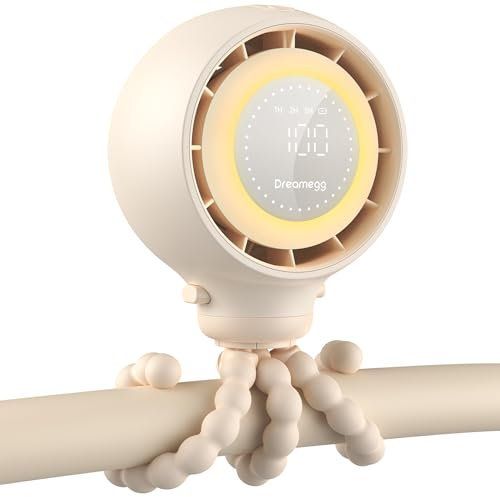 Dreamegg Ventilador Carrito Bebe Pantalla LED Inteligente, Clip 360° Desmontable, 4 Velocidades de Viento, 2 Luces Nocturnas, Ventilador Portatil USB Recargable 4000mAh, Camper Furgoneta Accesorios