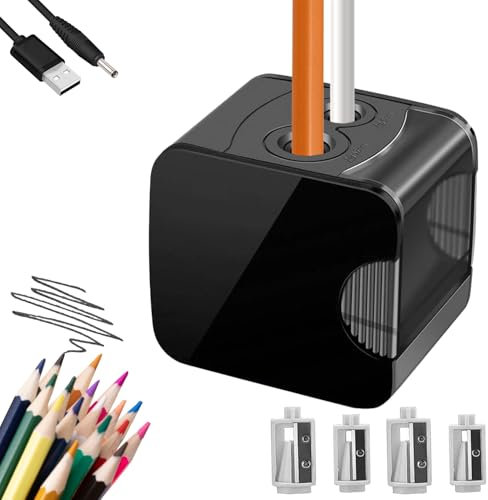 WELLXUNK Elektrischer Bleistiftspitzer mit Behälter, Doppelloch, Automatischer Spitzer für Kinder, Schwarz, Batteriebetrieben, ABS, PENCIL_SHARPENER, 7 cm, Schul- und Bürobesteck