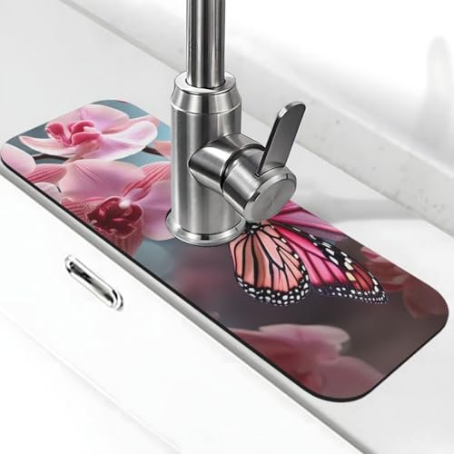 Orchideenblüten-Schmetterling-Wasserhahn-Matte für Küchenspüle, Anti-Rutsch-Wasserhahn-Pad, Spritzfänger, Kieselgur, schnell trocknender Stein, Wasserhahngriff, Tropfenfänger-Tablett, Matte für