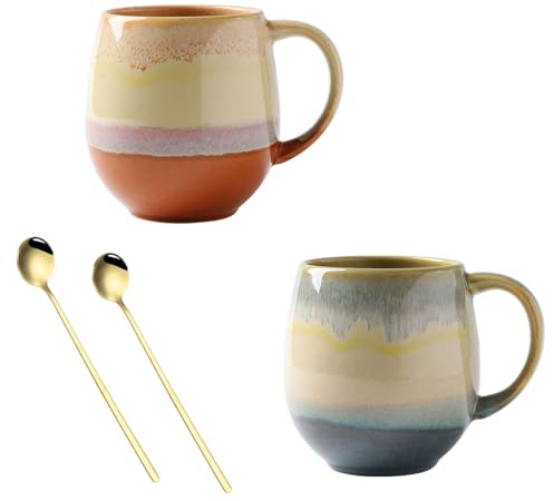 Cteahrow 500 ml Große Porzellan Kaffeetasse Becher Mit Löffel Tasse Steingut Cappuccino Tassen Teetasse,Geeignet für Büro und Zuhause(Blau und Gelb)