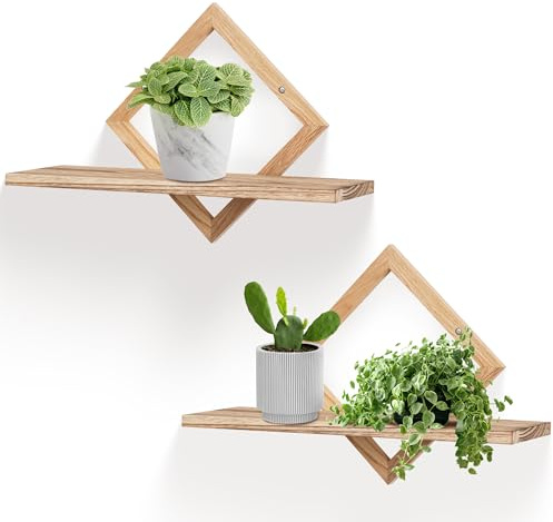 FURAOMEILI Schweberegale für die Wand,dekoratives Wandregal,hängendes Regal für Pflanzen,Aufbewahrung und Präsentation,Innenraumdekoration für Wohnzimmer,Zuhause,Büro,Massivholz,Diamantform,2er-Set