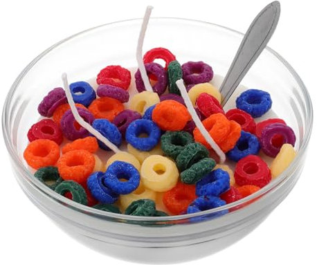 HIAKDOFT Cute Fruity Loops Scented Candle Cereal Bowl Soy Wax Decorative Candle with Metal Spoon Realistic Food Decor for Parties and Fun Presents Safe Material for Home Use
