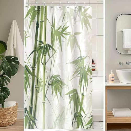 Uiiooazy Duschvorhang 120x200cm Anti Schimmel Bambus Grüne Blätter Aquarell | Duschvorhang Spa Abstrakt Bambus Optik Zen Wasserdicht Stoff Polyester Waschbar Bad Vorhang mit 8 Haken für Badezimmer