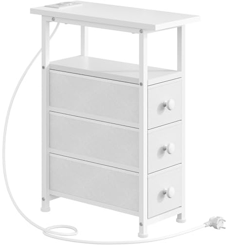 HOOBRO Nachttisch mit Ladestation, 1 Standardsteckdose, 2 USB-Anschlüsse, schmaler Beistelltisch, 3 Vliesstoff-Schubladen, offenes Fach, für Wohn-, Schlafzimmer, Weiß EWW482CBZ01